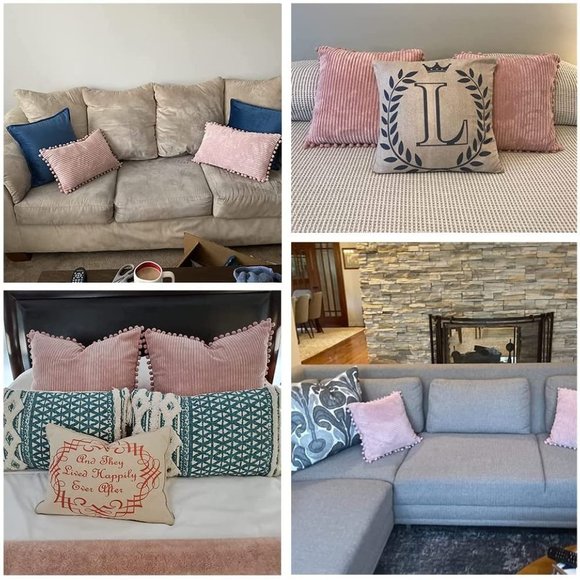 Blush Pink Corduroy Luxury Velvet Pompom Bed/Sofa Throw Pillow Cover/CaseSet - Picture 7 of 8